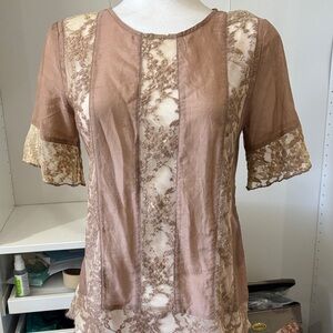 Phanuel Lace Accent Blouse in Tan and Cream